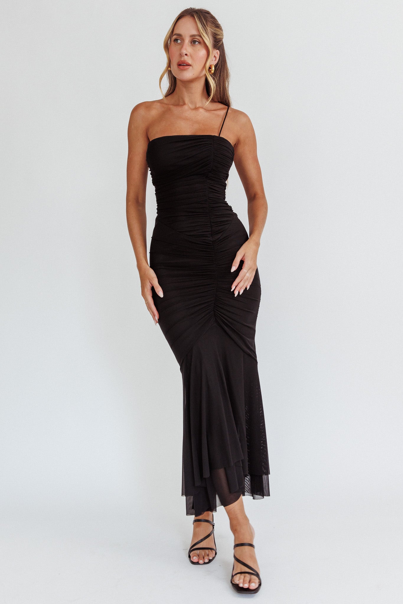 By Chance One Strap Ruched Maxi Dress Black-Maymioy