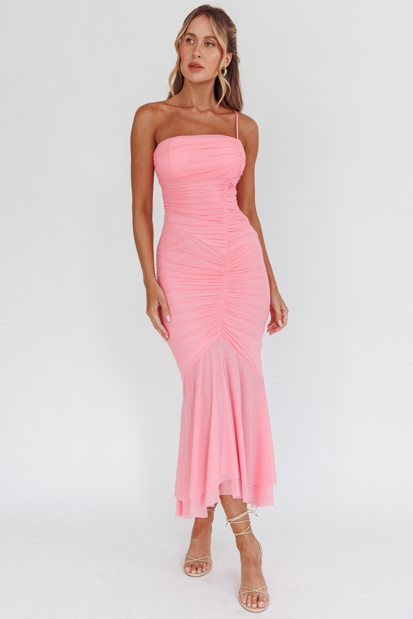 By Chance One Strap Ruched Maxi Dress Pink-Maymioy