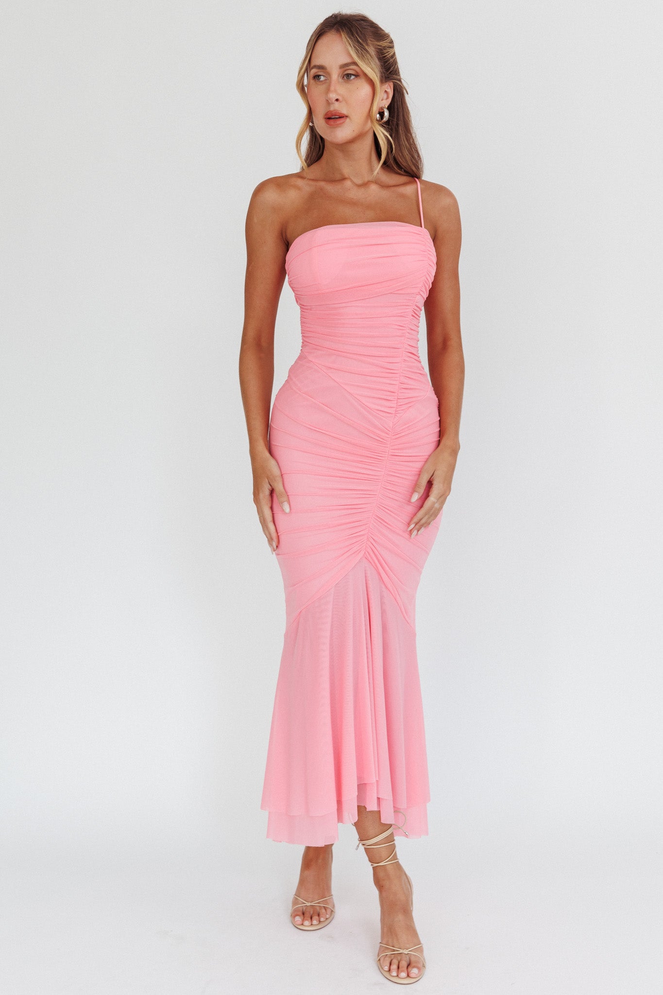 By Chance One Strap Ruched Maxi Dress Pink-Maymioy