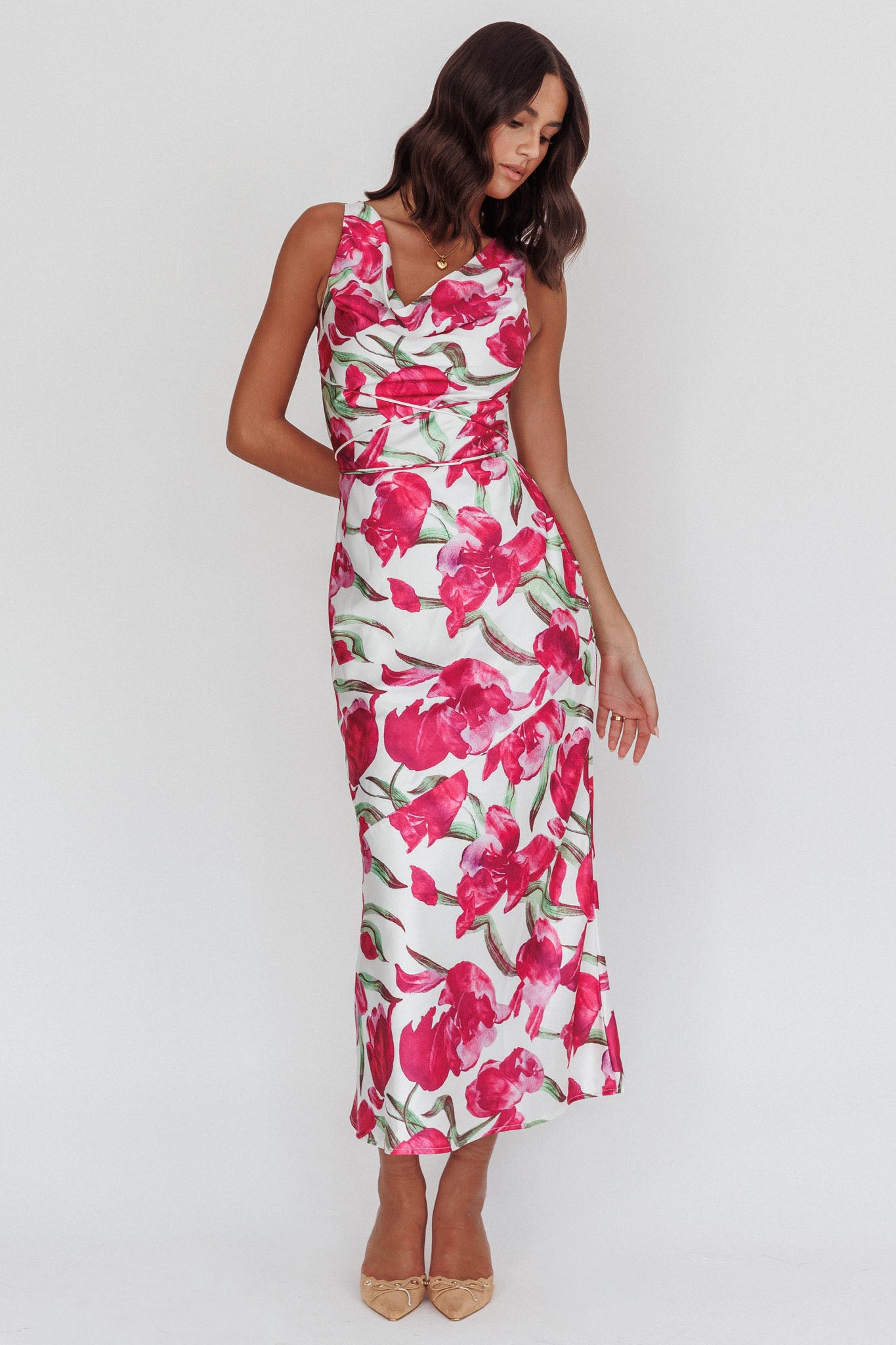Serenitie Cowl Neck Waist Tie Maxi Dress Floral Pink-Maymioy