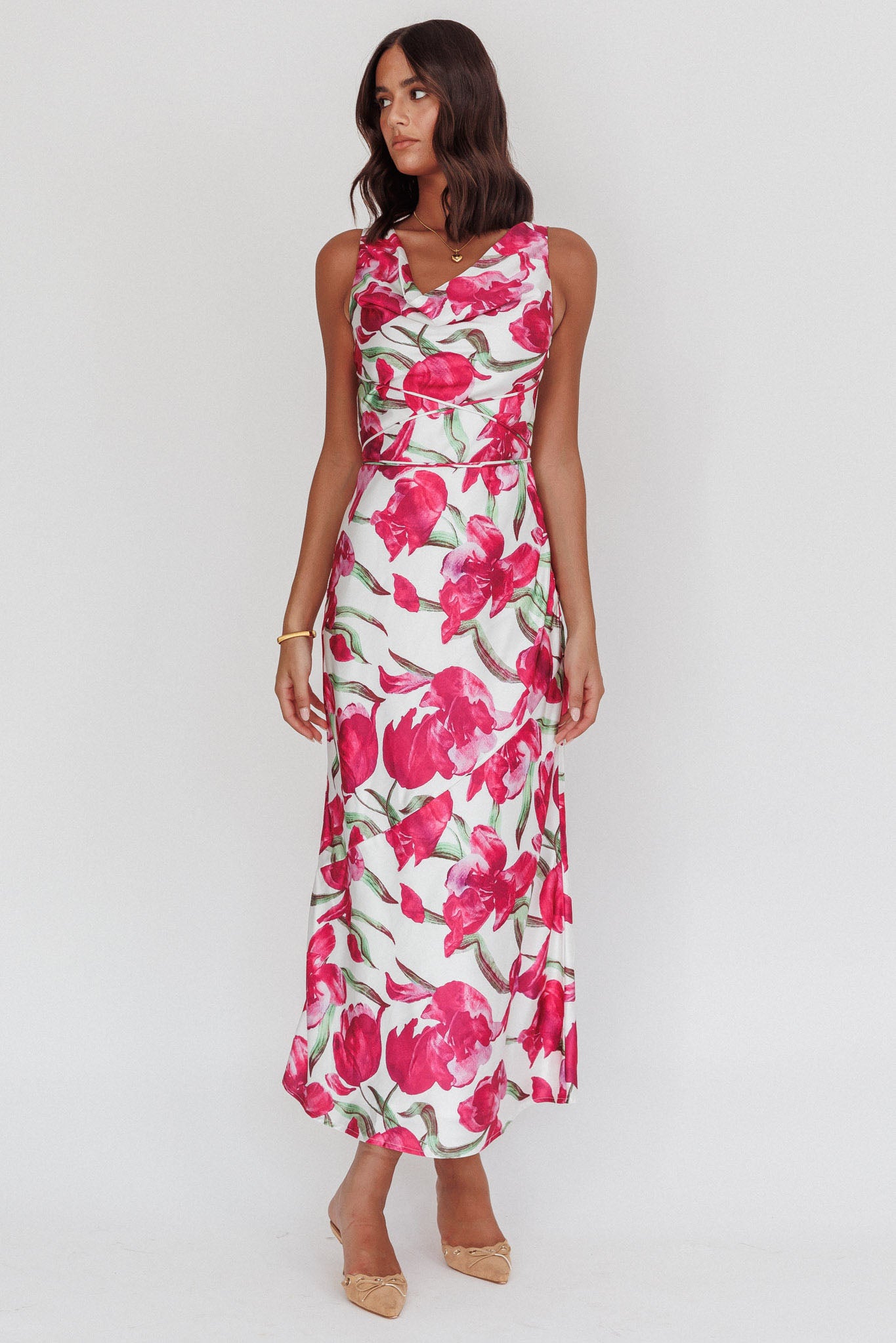 Serenitie Cowl Neck Waist Tie Maxi Dress Floral Pink-Maymioy