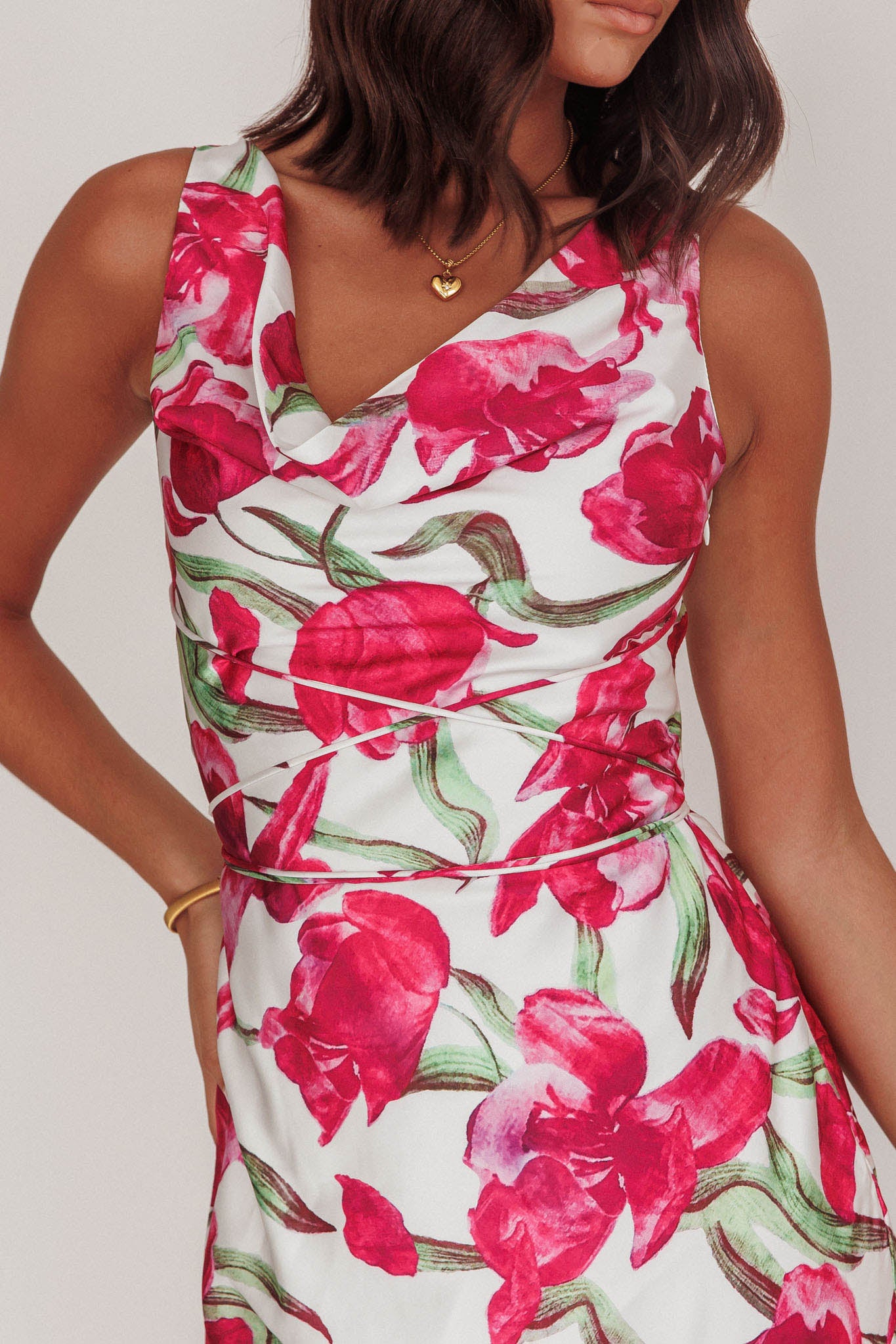 Serenitie Cowl Neck Waist Tie Maxi Dress Floral Pink-Maymioy
