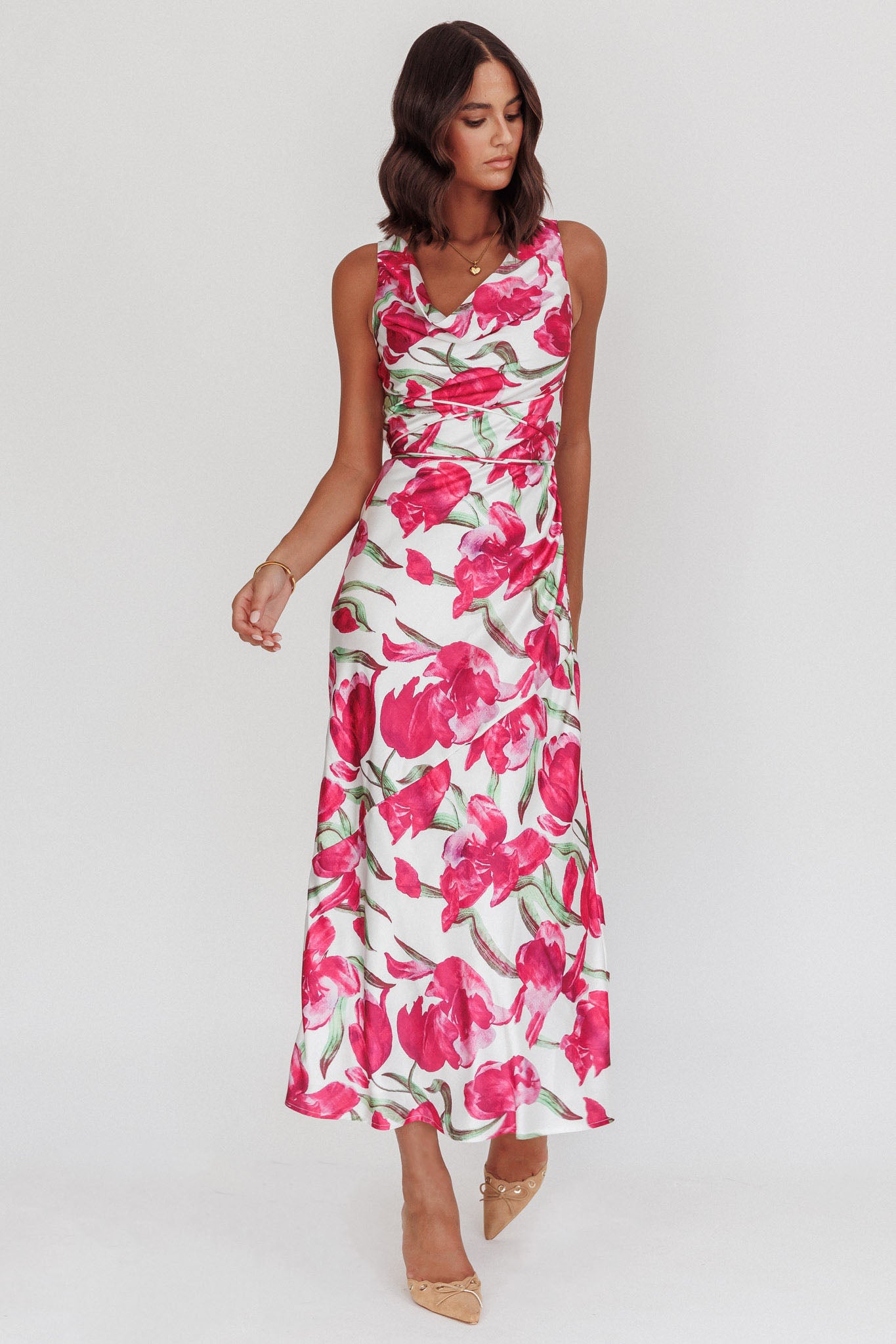 Serenitie Cowl Neck Waist Tie Maxi Dress Floral Pink-Maymioy