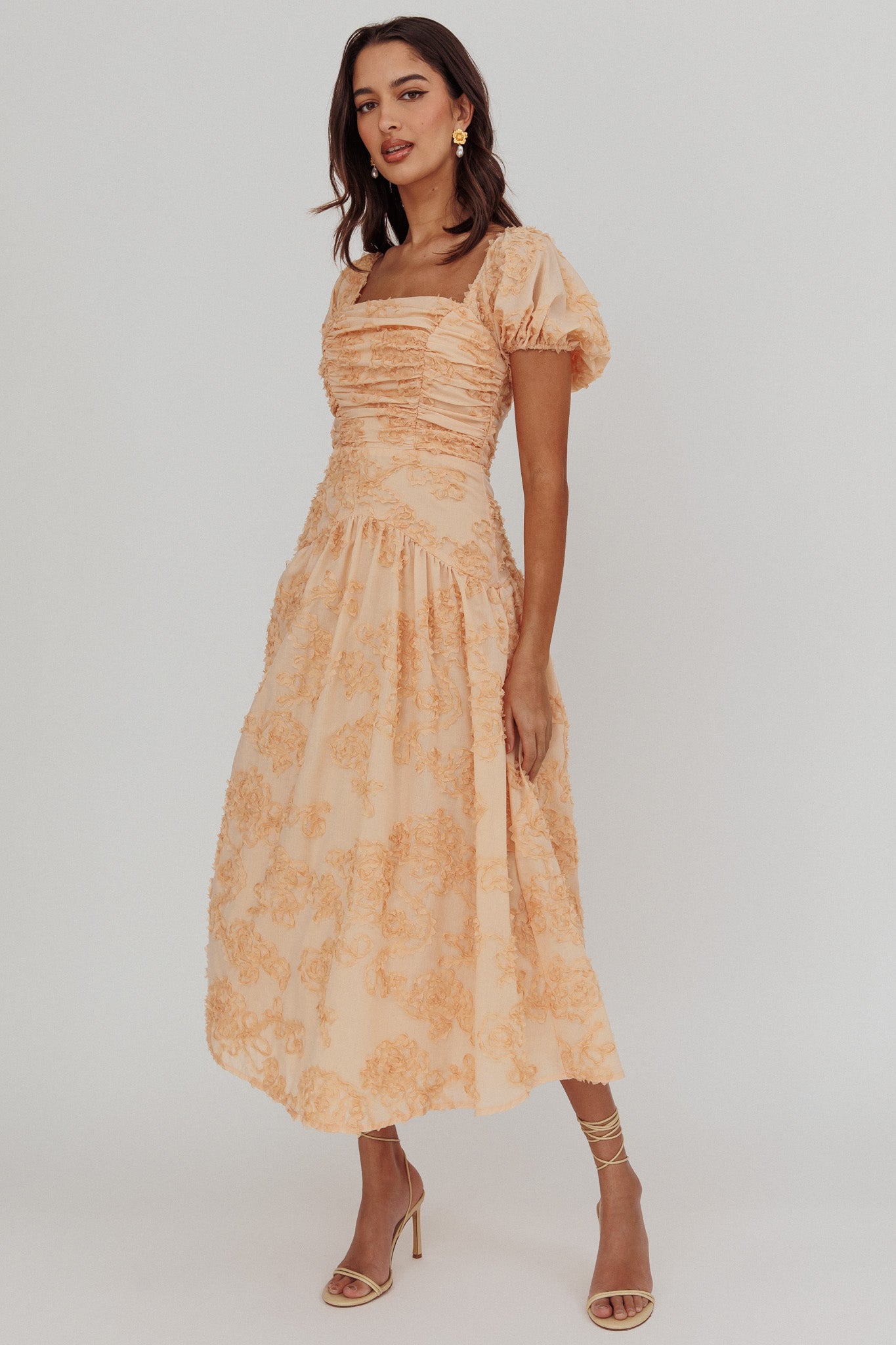 Telma Puff Sleeves Midi Dress Blush-Maymioy