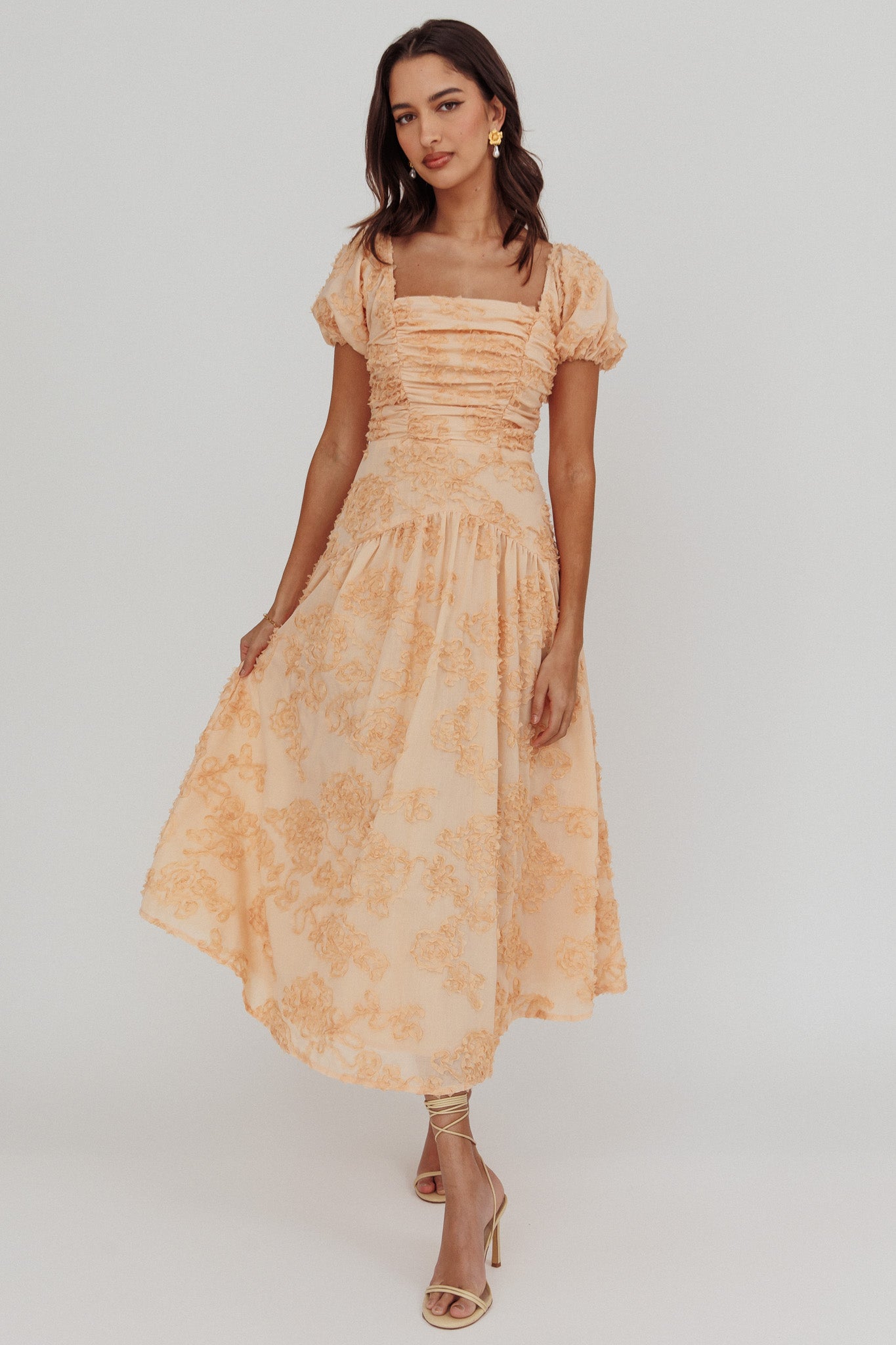 Telma Puff Sleeves Midi Dress Blush-Maymioy