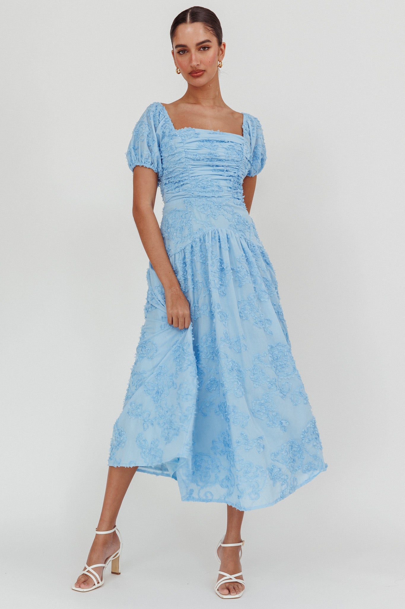 Telma Puff Sleeves Midi Dress Blue-Maymioy