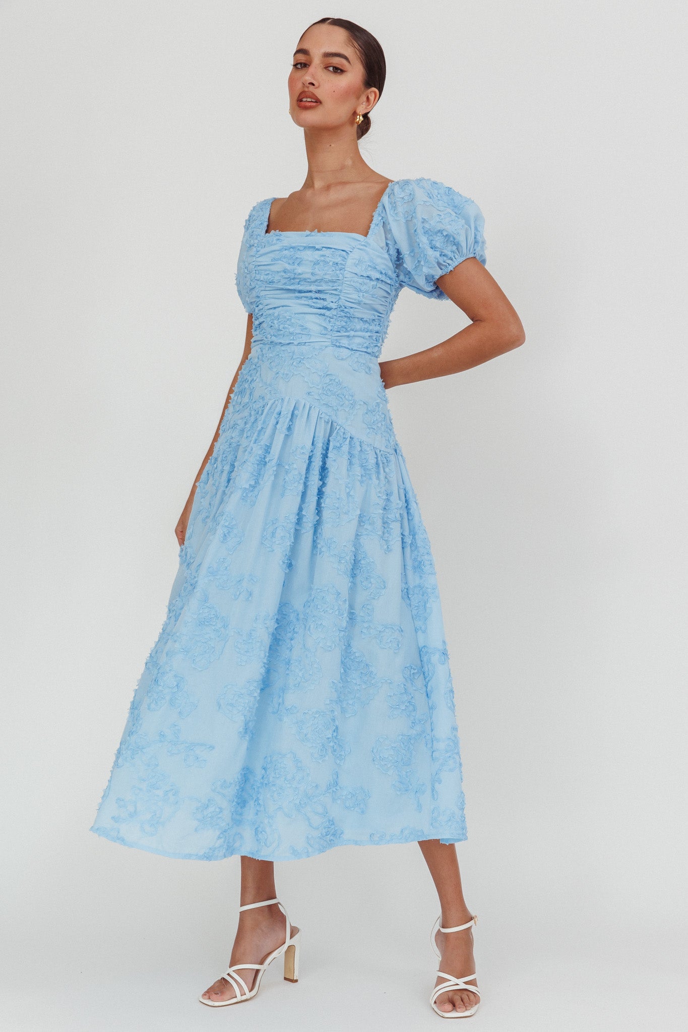 Telma Puff Sleeves Midi Dress Blue-Maymioy