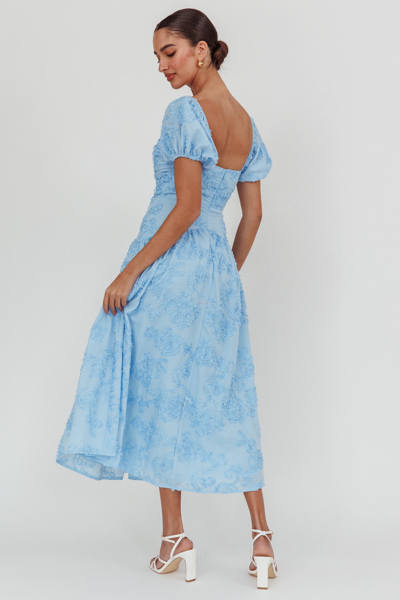 Telma Puff Sleeves Midi Dress Blue-Maymioy