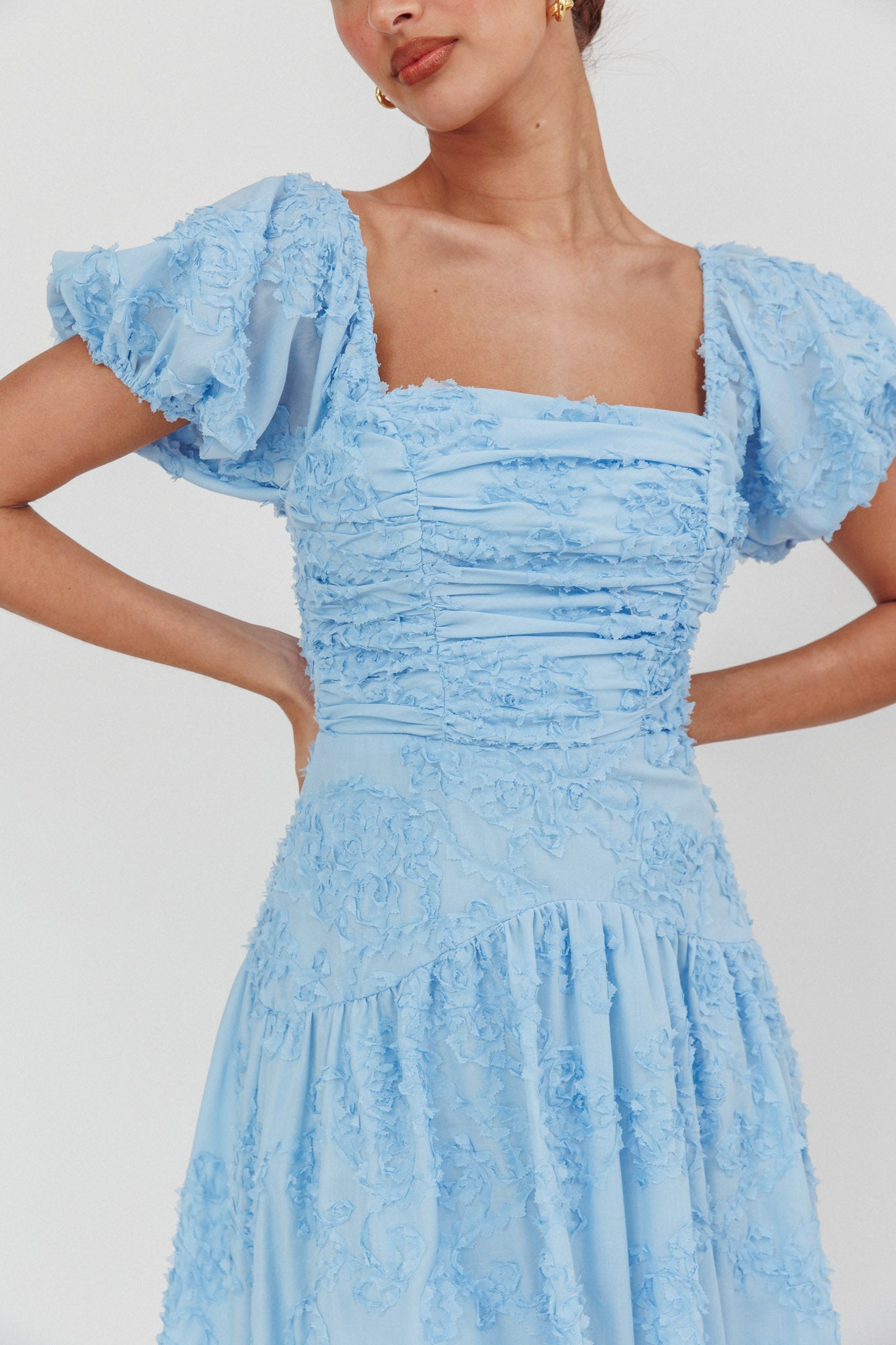 Telma Puff Sleeves Midi Dress Blue-Maymioy