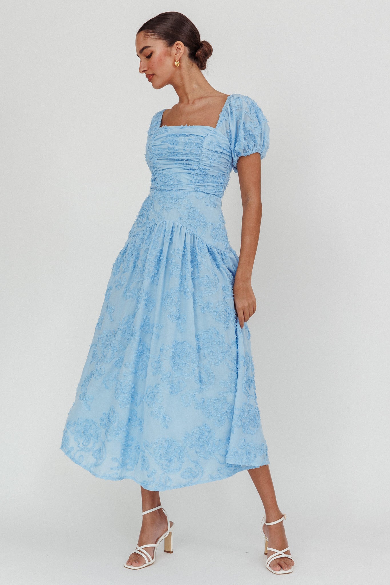 Telma Puff Sleeves Midi Dress Blue-Maymioy