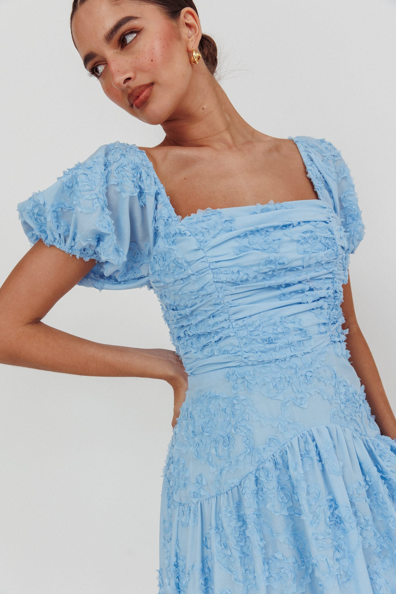Telma Puff Sleeves Midi Dress Blue-Maymioy