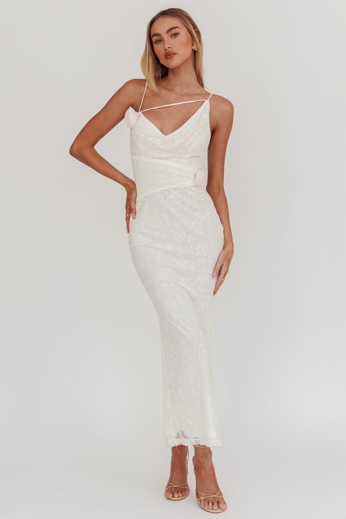 Golden Glow Rosette Cowl Neck Maxi Dress Beige-Maymioy
