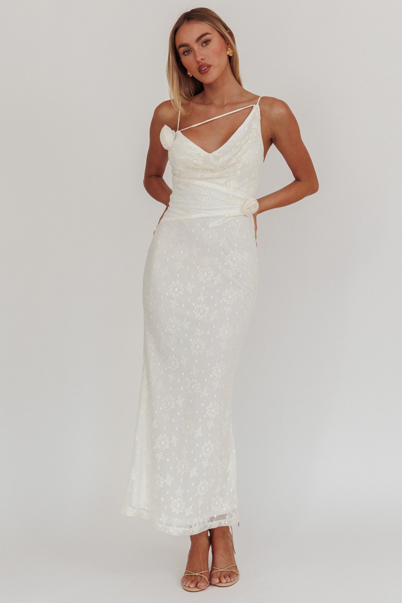 Golden Glow Rosette Cowl Neck Maxi Dress Beige-Maymioy