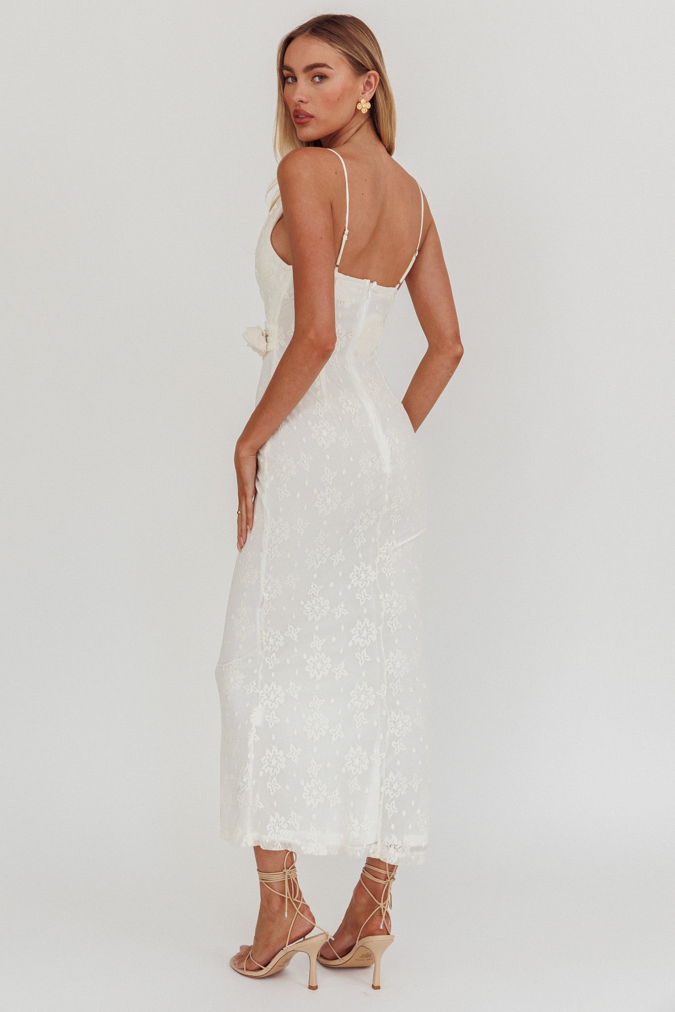 Golden Glow Rosette Cowl Neck Maxi Dress Beige-Maymioy