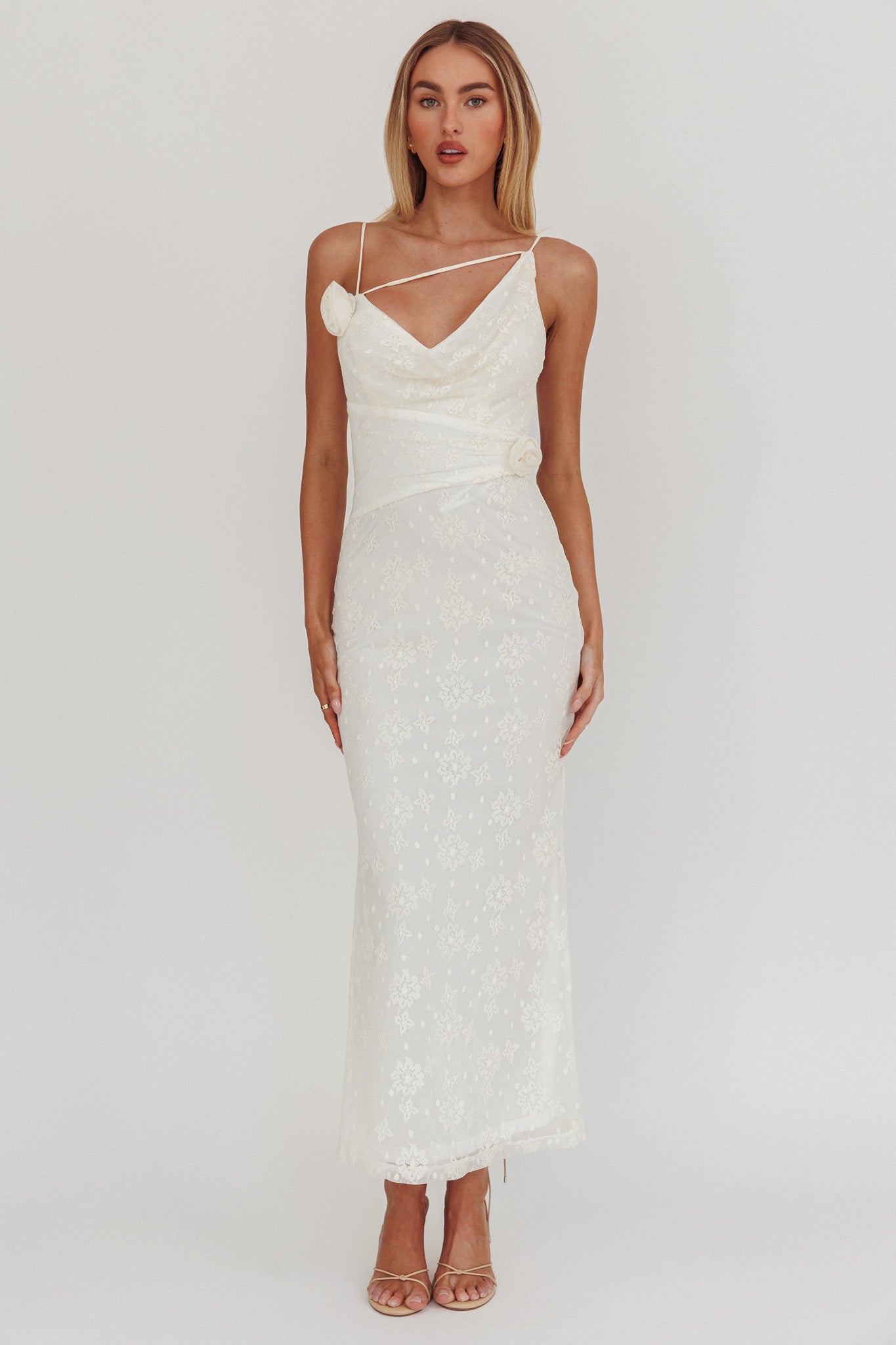 Golden Glow Rosette Cowl Neck Maxi Dress Beige-Maymioy