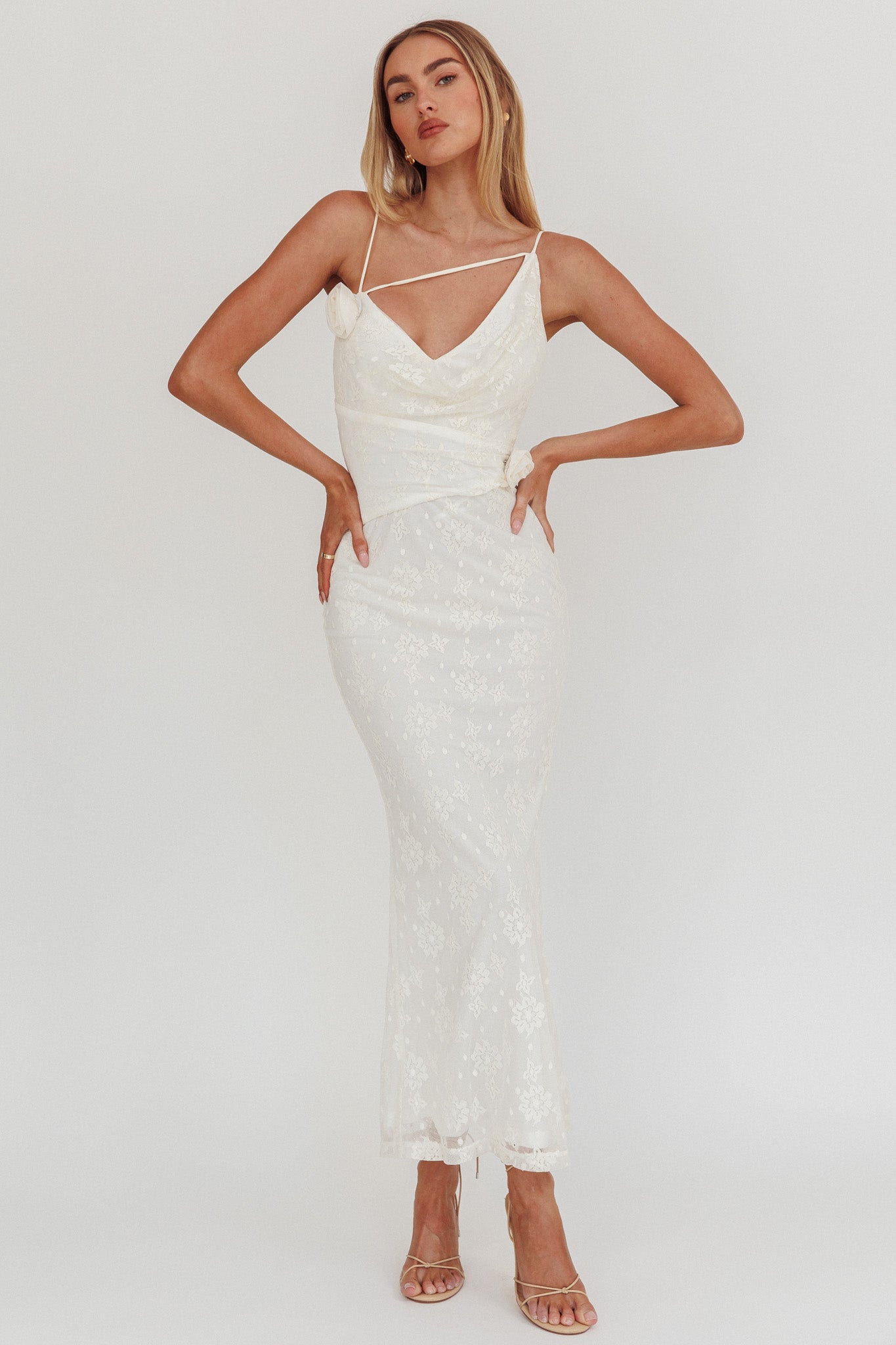 Golden Glow Rosette Cowl Neck Maxi Dress Beige-Maymioy
