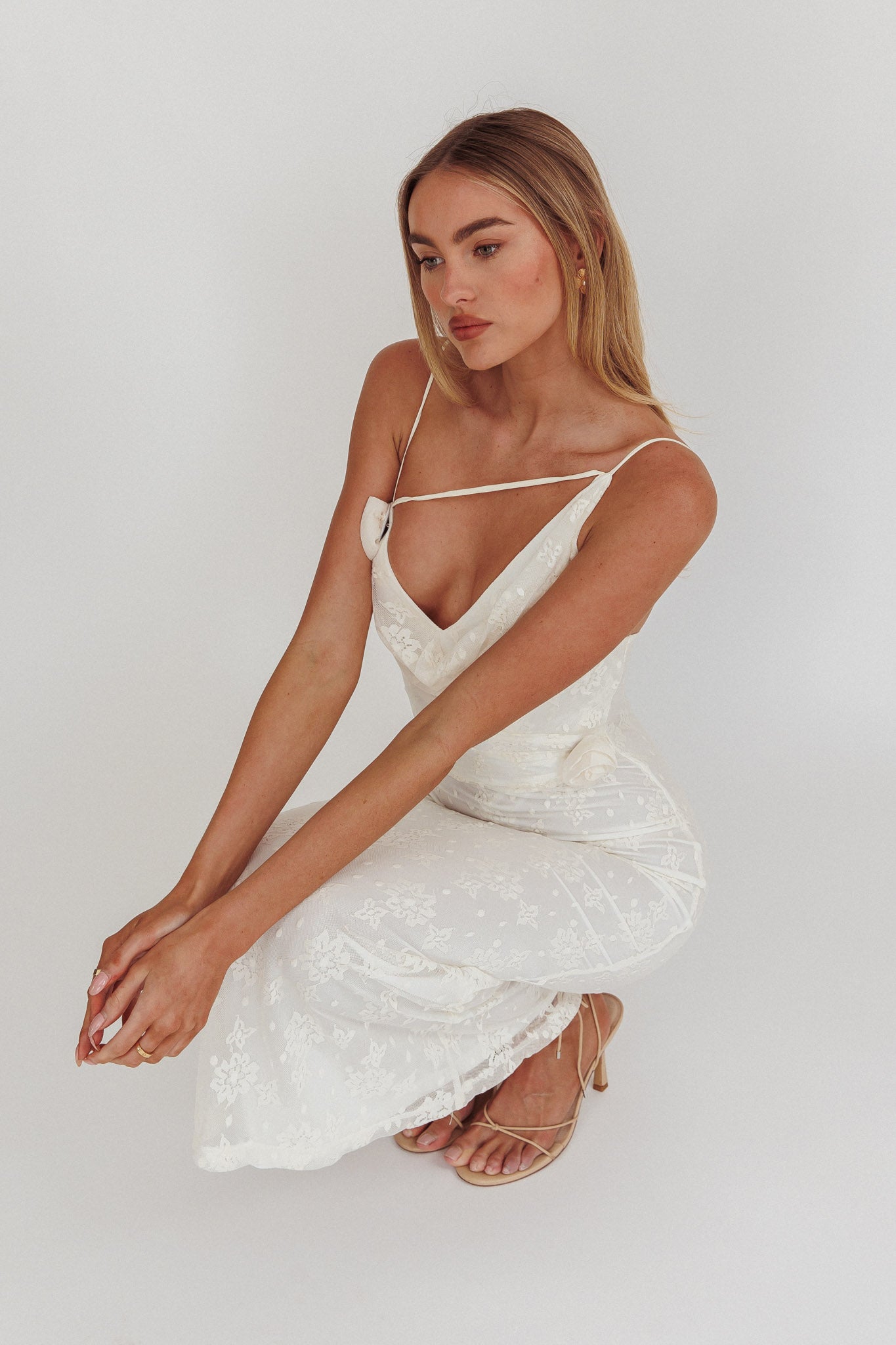 Golden Glow Rosette Cowl Neck Maxi Dress Beige-Maymioy