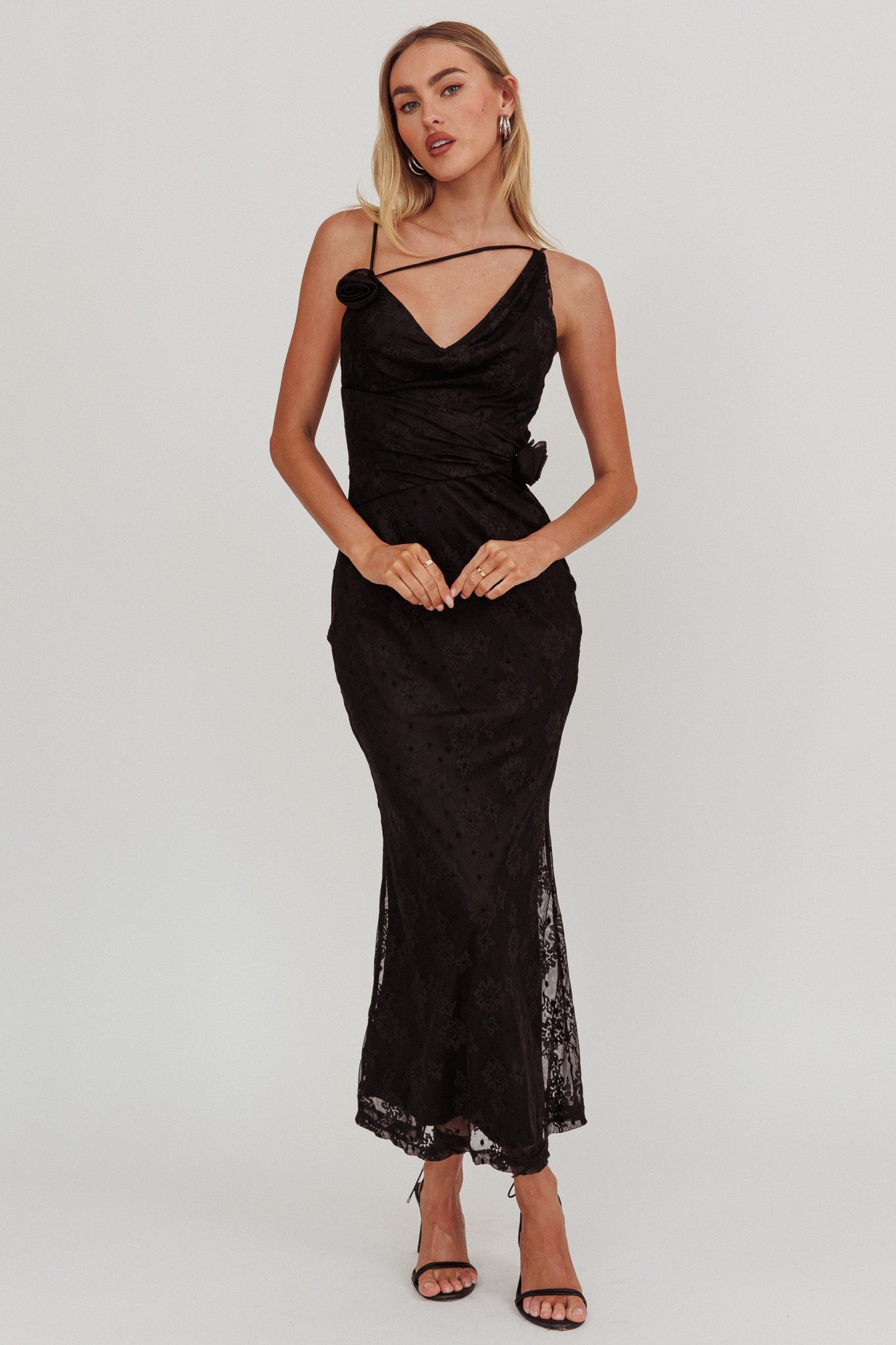 Golden Glow Rosette Cowl Neck Maxi Dress Black-Maymioy