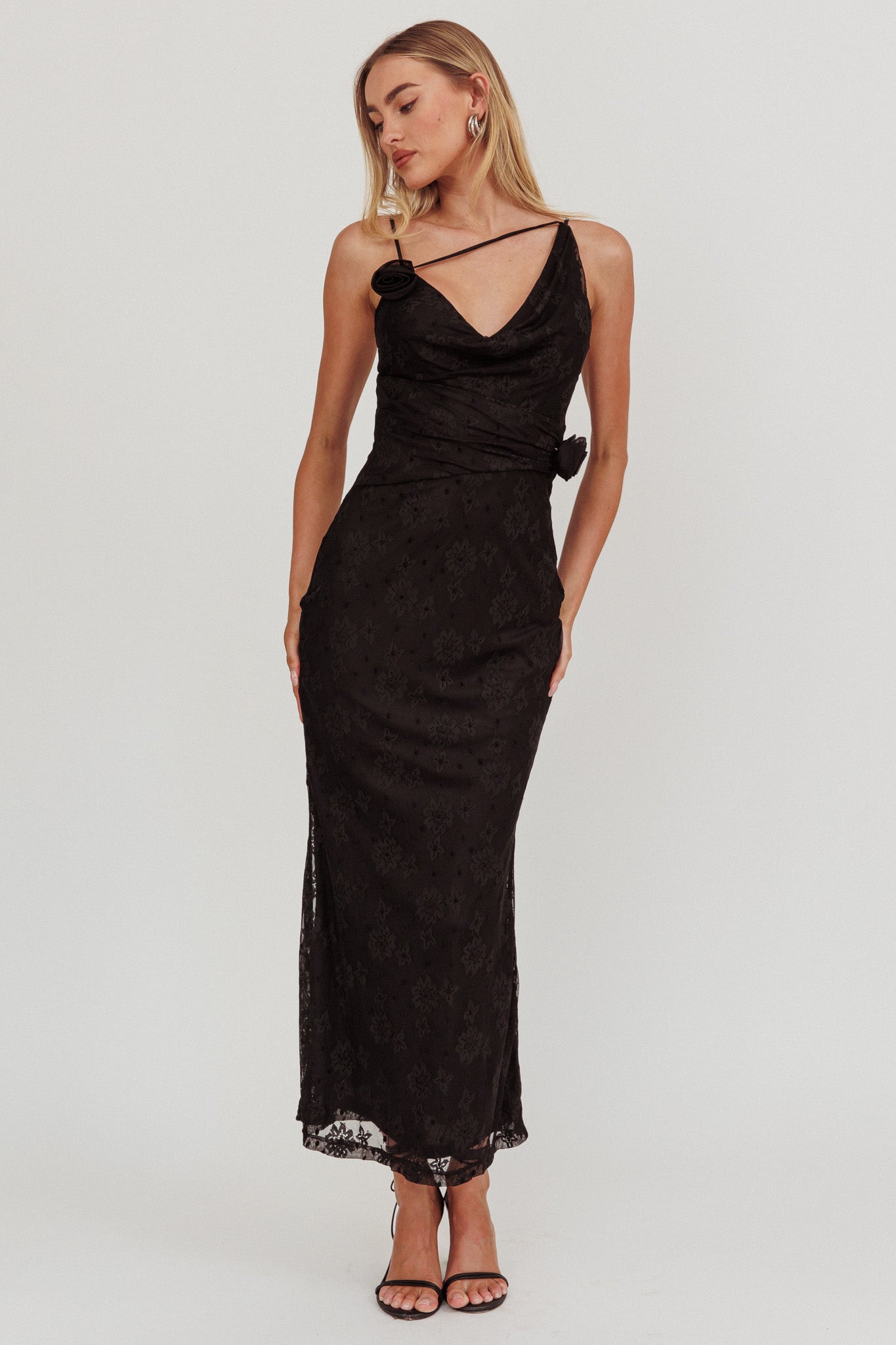 Golden Glow Rosette Cowl Neck Maxi Dress Black-Maymioy