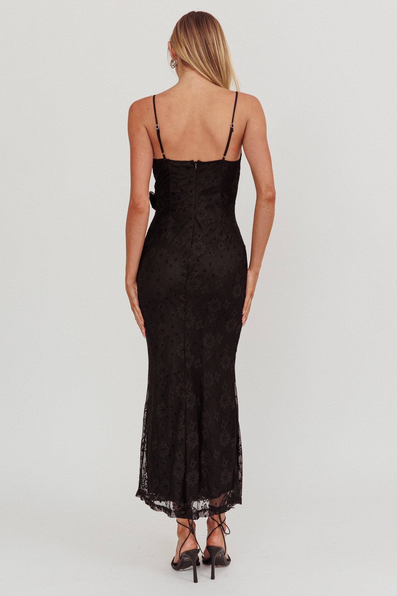 Golden Glow Rosette Cowl Neck Maxi Dress Black-Maymioy