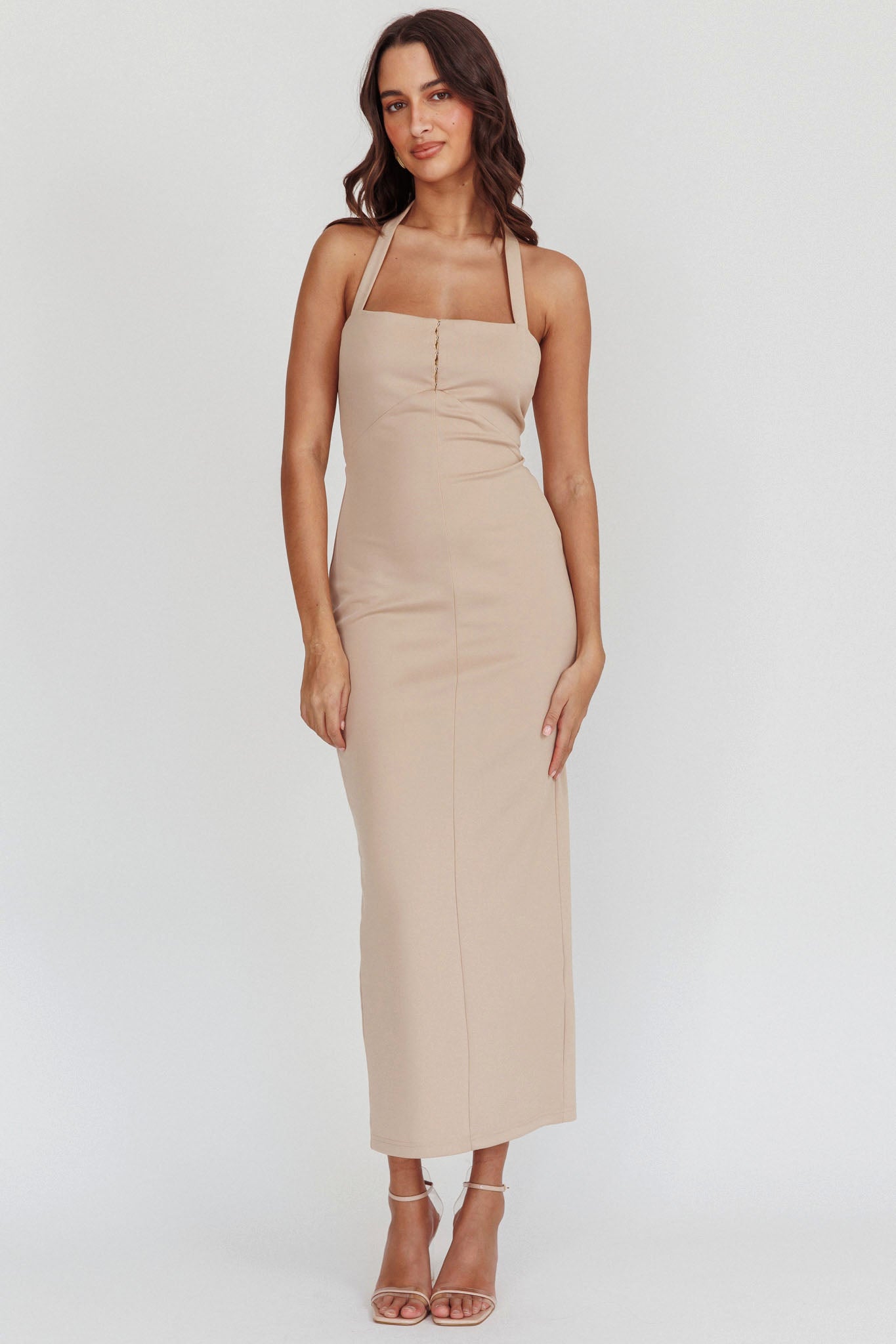 Goldfoil Halter Neck Maxi Dress Ecru-Maymioy