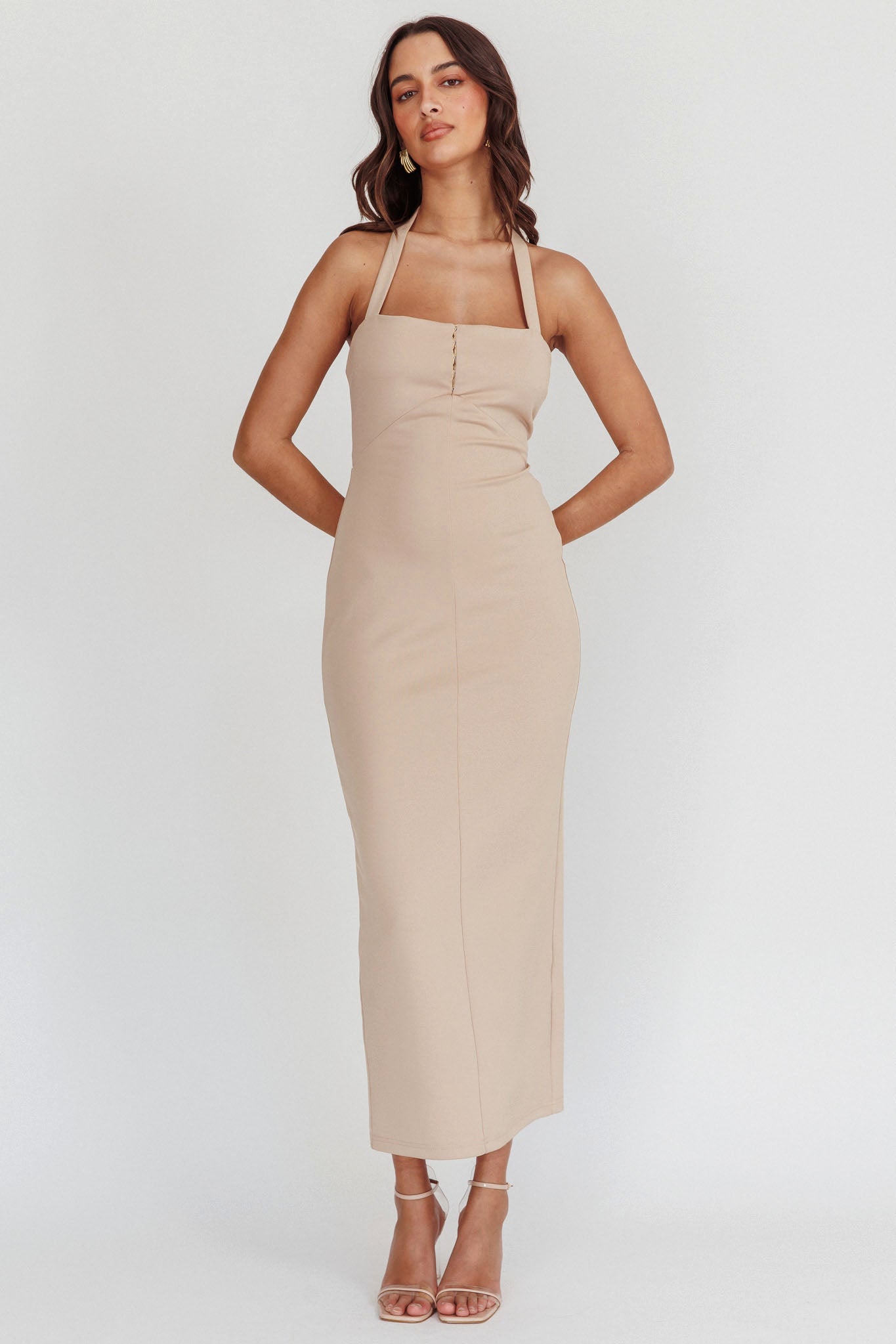 Goldfoil Halter Neck Maxi Dress Ecru-Maymioy