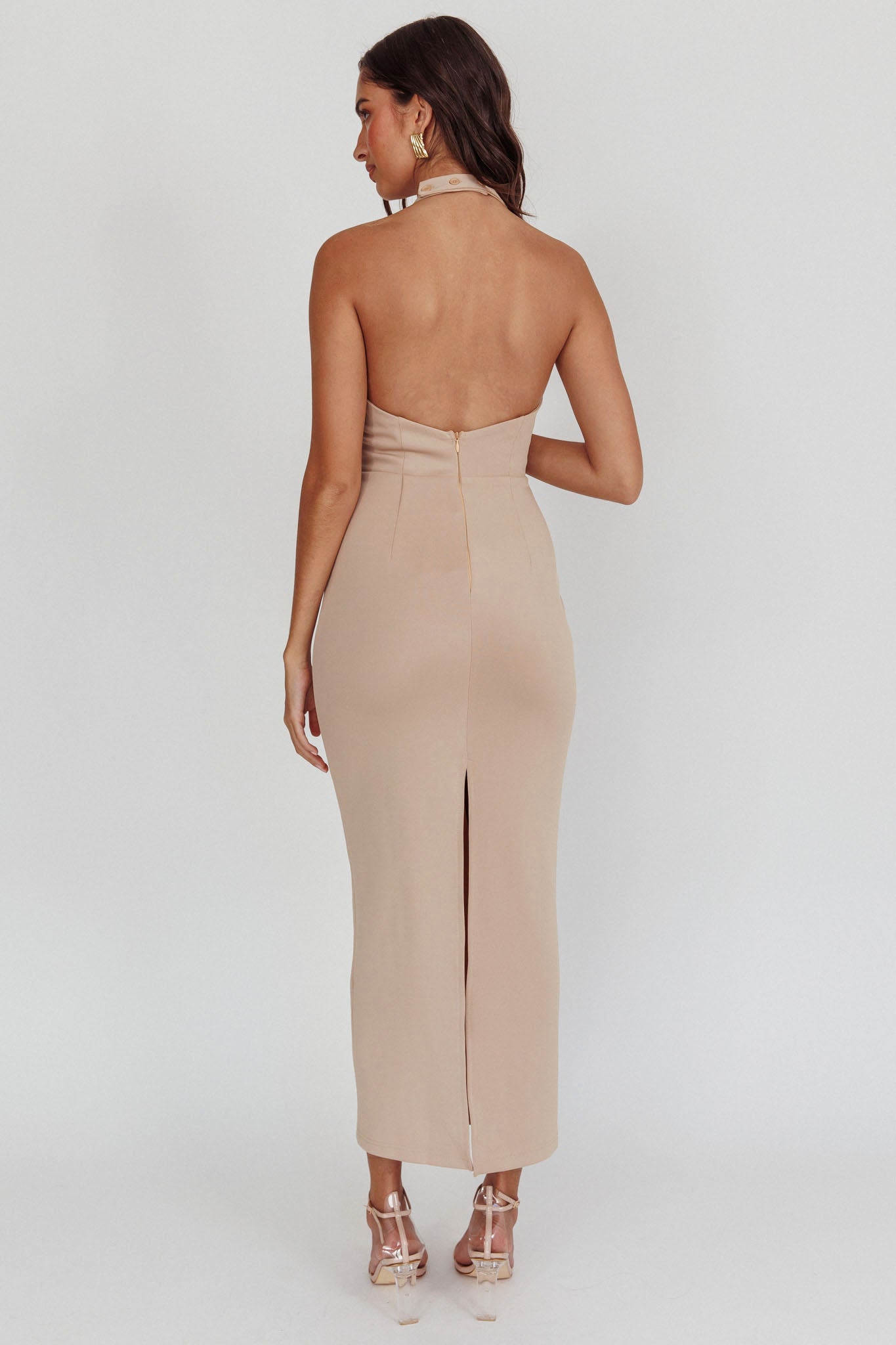 Goldfoil Halter Neck Maxi Dress Ecru-Maymioy