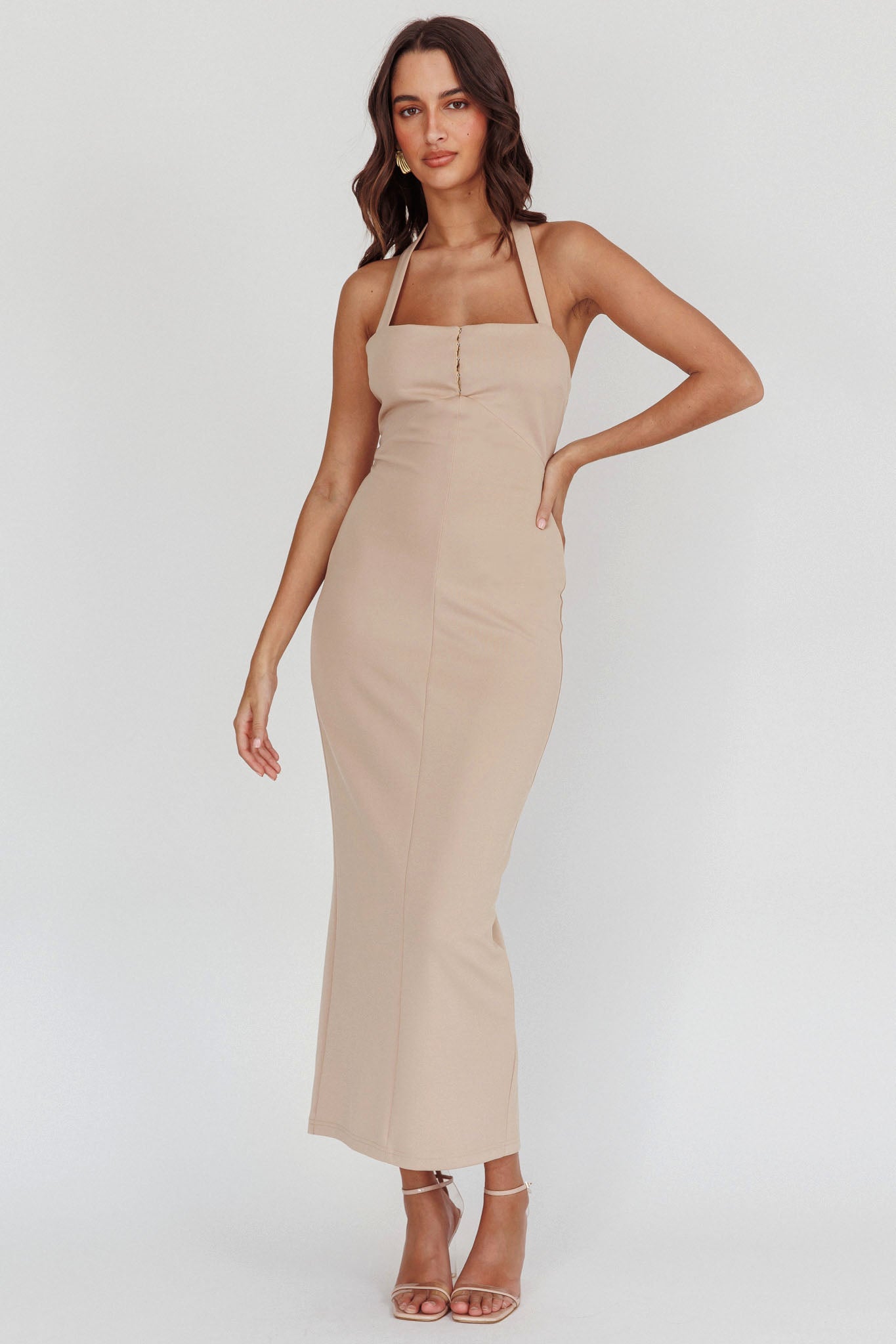 Goldfoil Halter Neck Maxi Dress Ecru-Maymioy