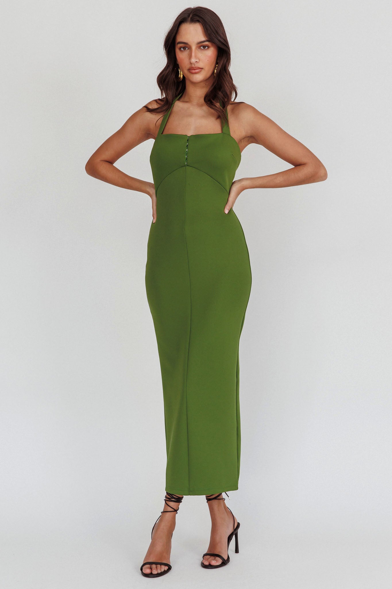 Goldfoil Halter Neck Maxi Dress Olive-Maymioy