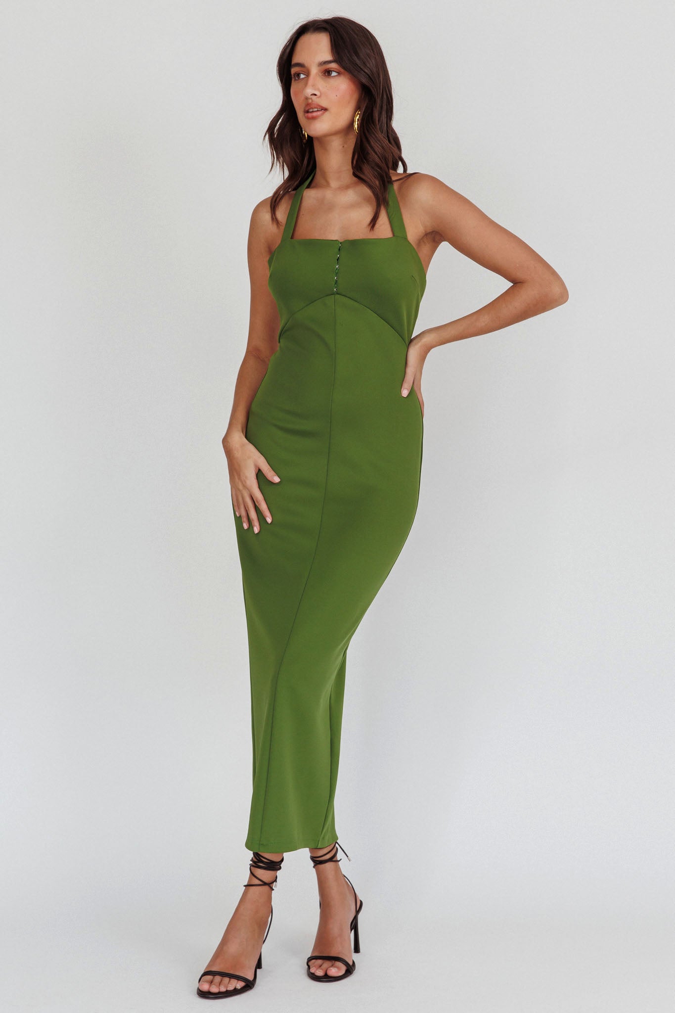 Goldfoil Halter Neck Maxi Dress Olive-Maymioy