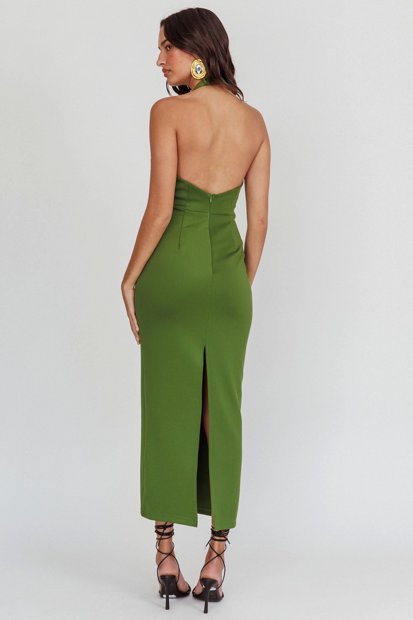 Goldfoil Halter Neck Maxi Dress Olive-Maymioy