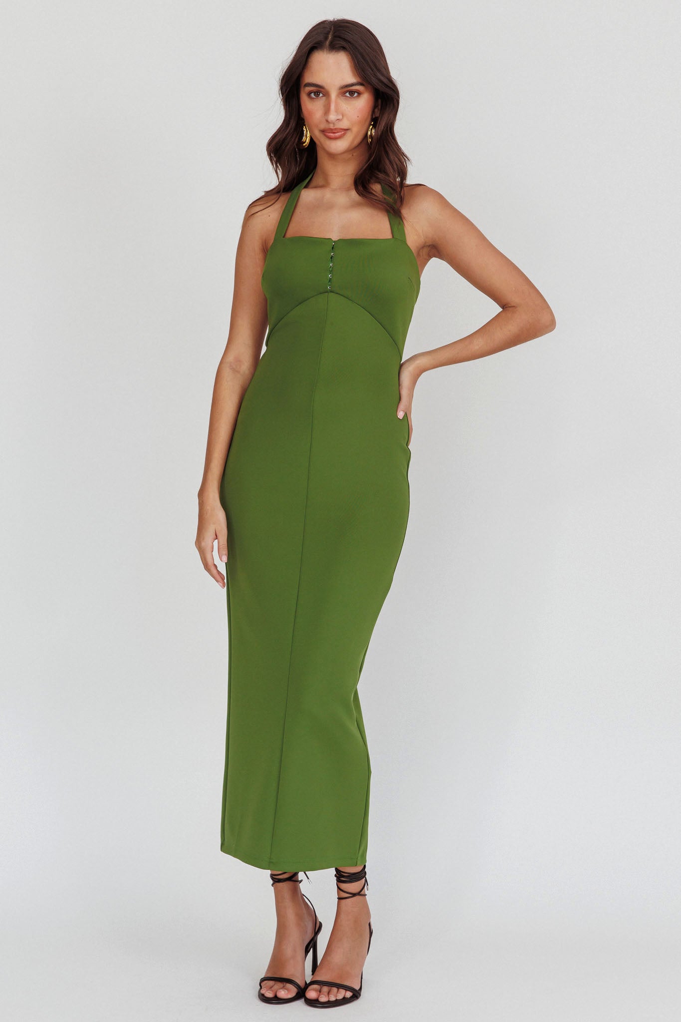 Goldfoil Halter Neck Maxi Dress Olive-Maymioy