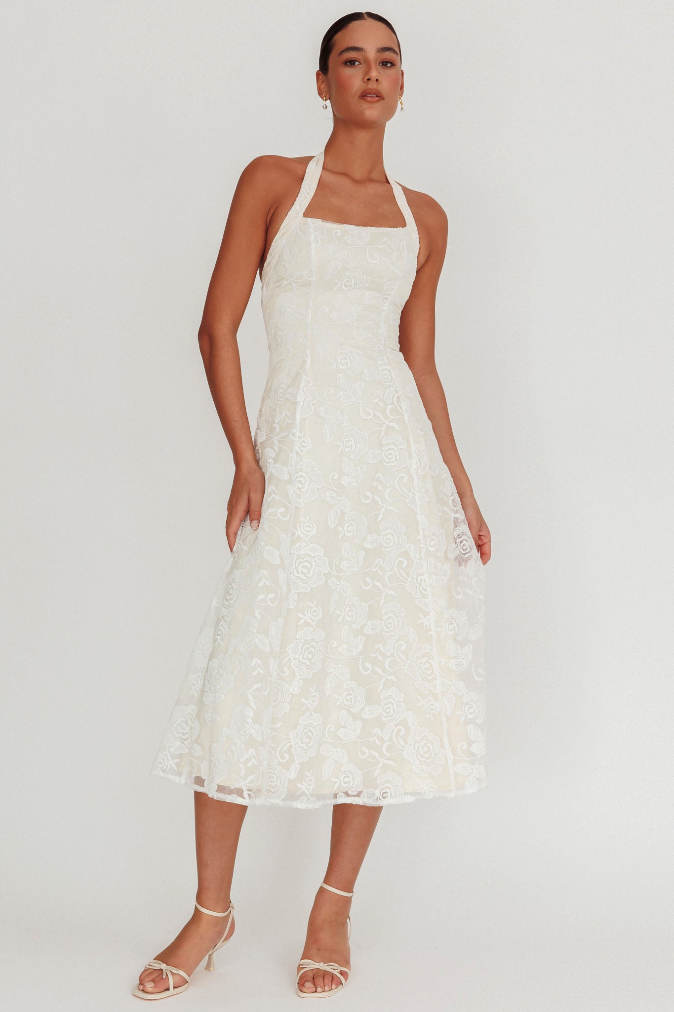 Elliott A-Line Halter Neck Midi Dress White-Maymioy