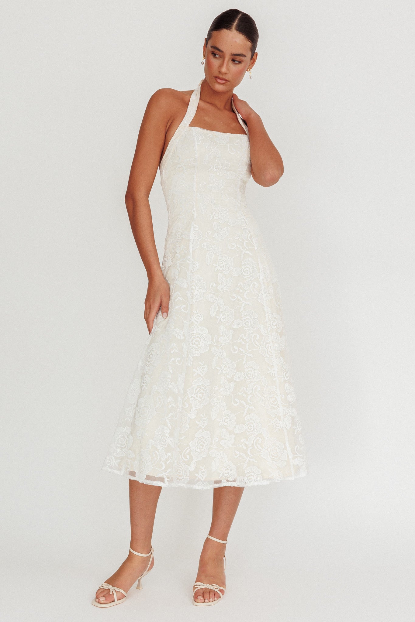 Elliott A-Line Halter Neck Midi Dress White-Maymioy