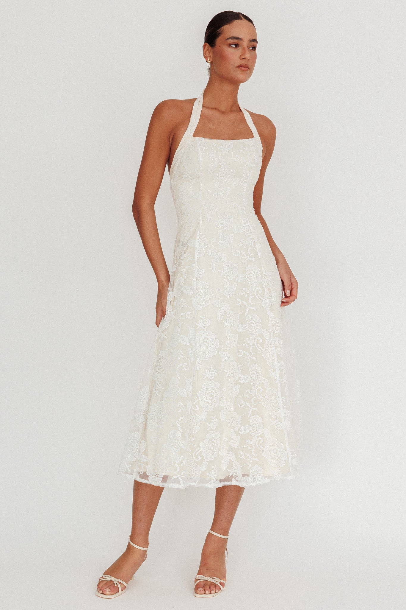 Elliott A-Line Halter Neck Midi Dress White-Maymioy