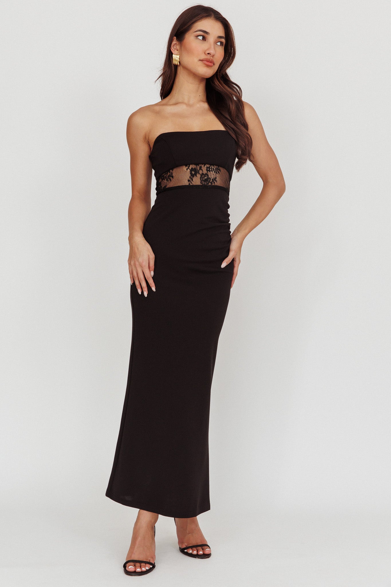 Lilliana Strapless Lace Maxi Dress Black-Maymioy
