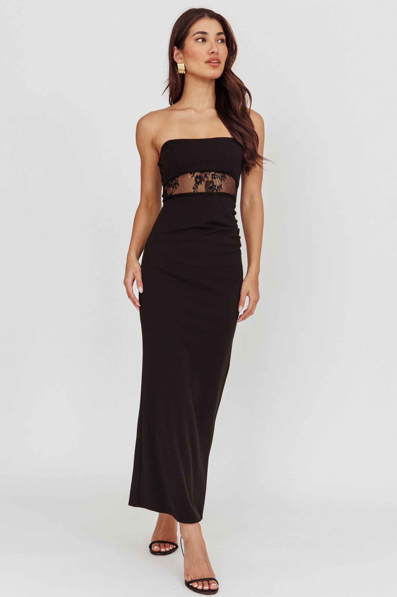 Lilliana Strapless Lace Maxi Dress Black-Maymioy