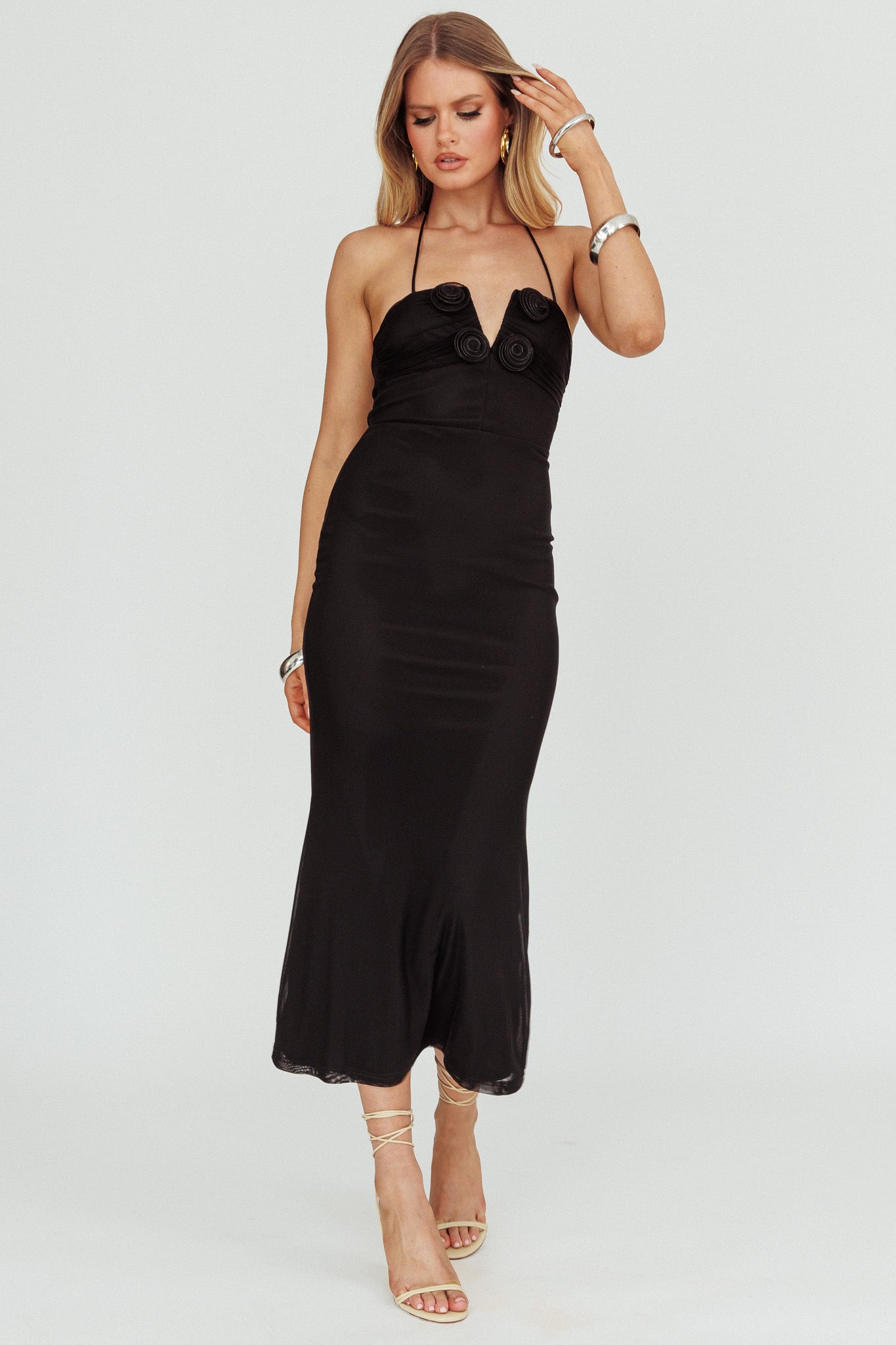 Elderberry Bodycon Halter Neck Midi Dress Black-Maymioy