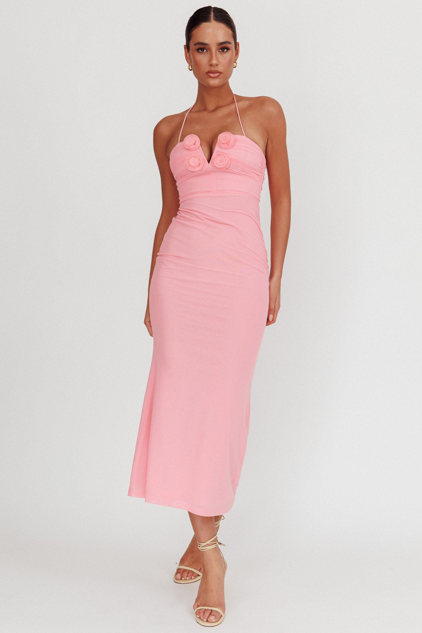Elderberry Bodycon Halter Neck Midi Dress Pink-Maymioy