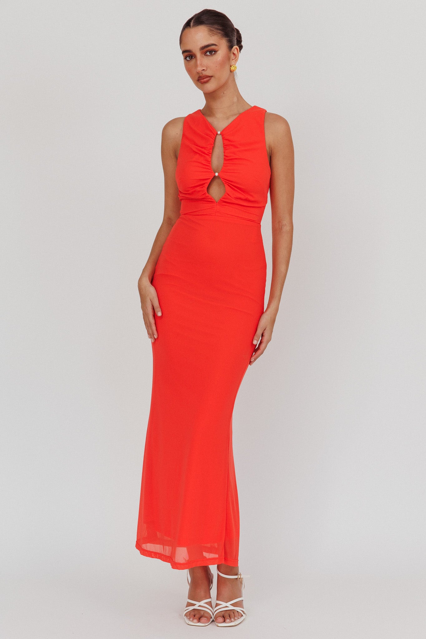 Piece Of Heaven Sleeveless Keyhole Mesh Maxi Dress Red-Maymioy