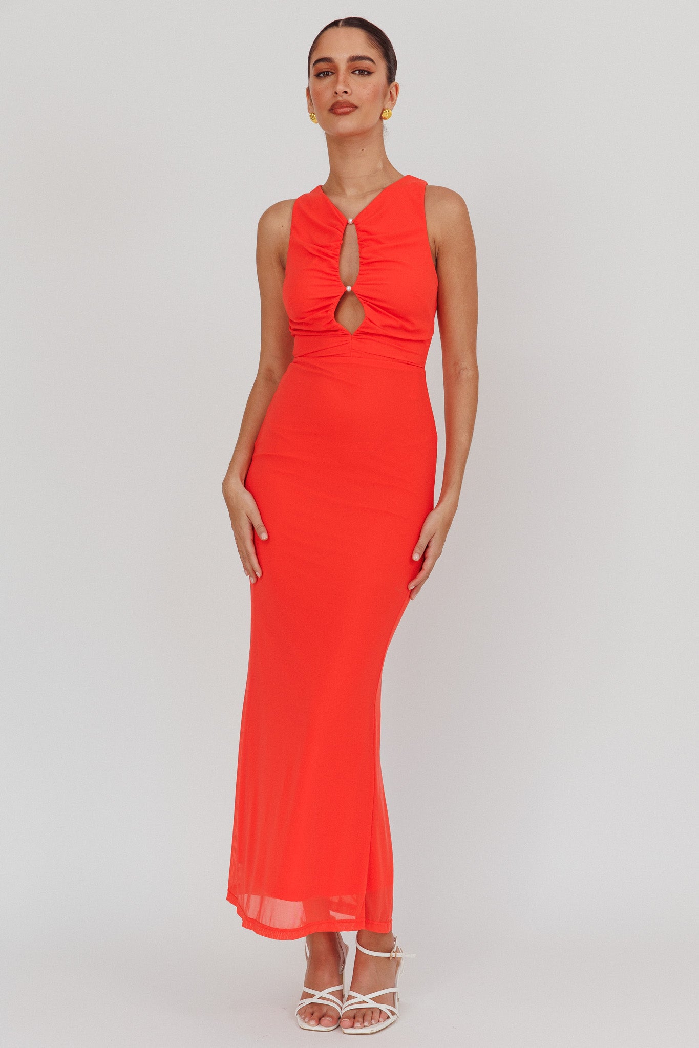Piece Of Heaven Sleeveless Keyhole Mesh Maxi Dress Red-Maymioy