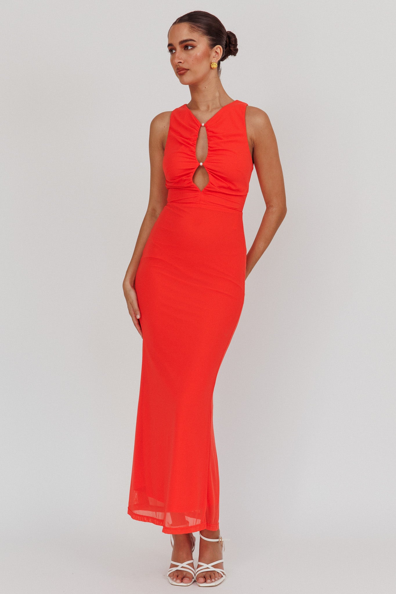 Piece Of Heaven Sleeveless Keyhole Mesh Maxi Dress Red-Maymioy
