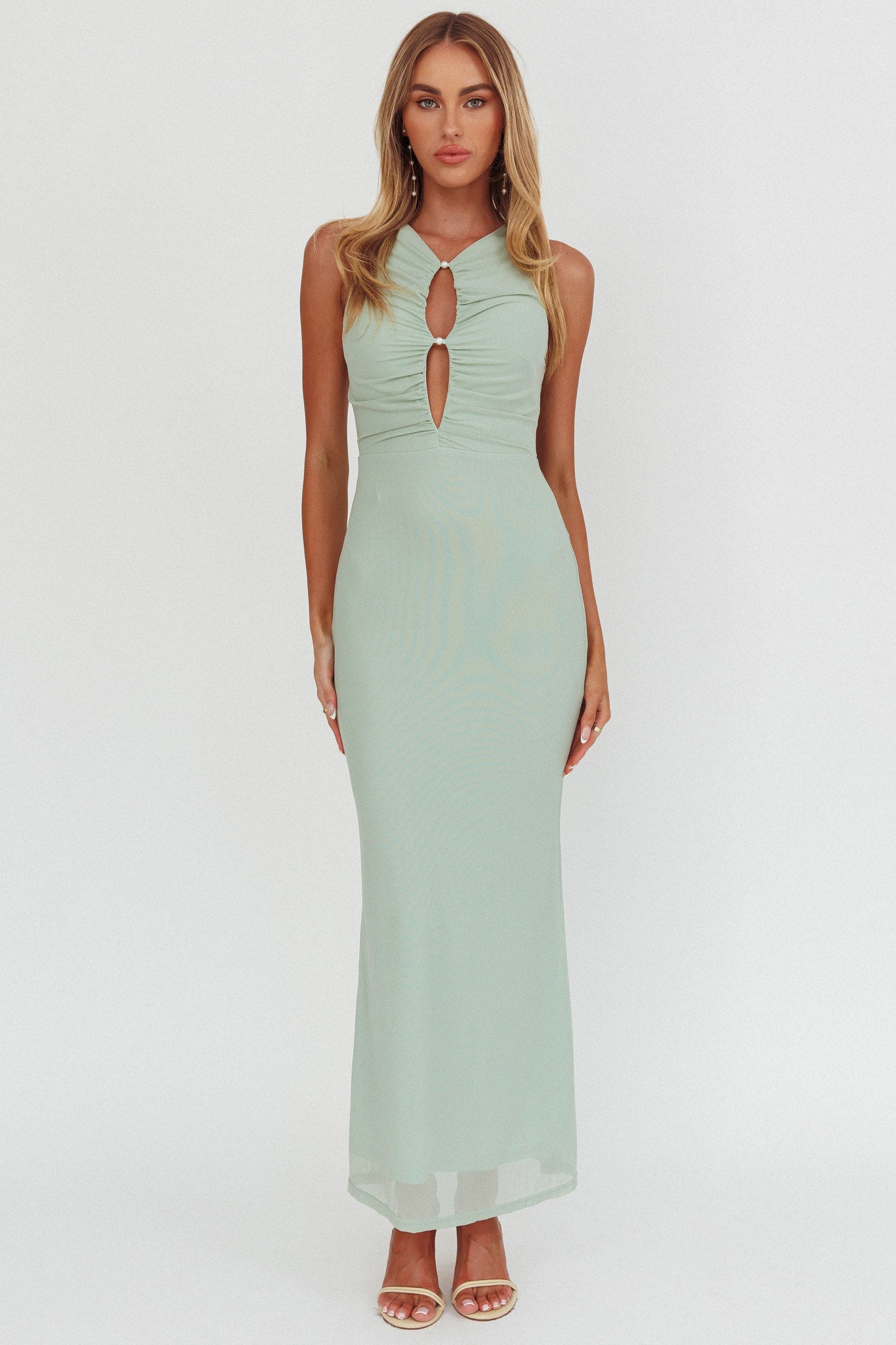 Piece Of Heaven Sleeveless Keyhole Mesh Maxi Dress Sage-Maymioy