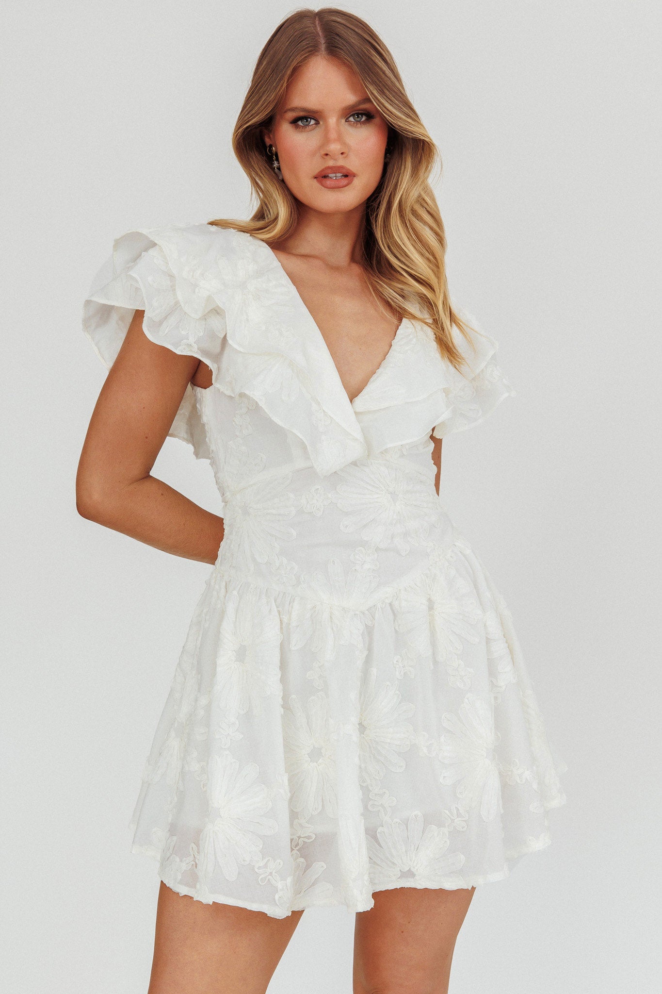 Garden Of Eden Ruffle Mini Dress White-Maymioy