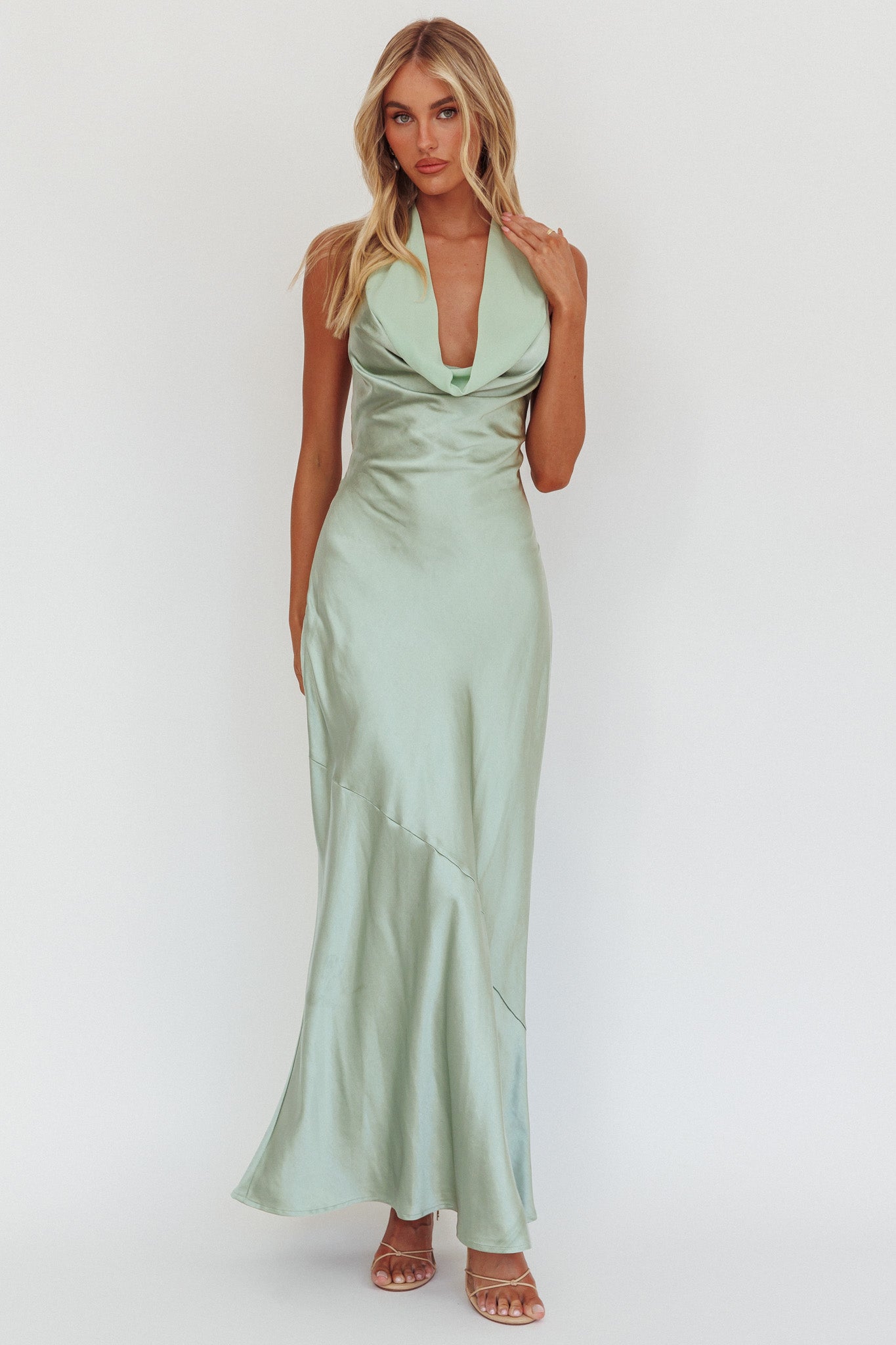 Leading Lady Open Back Cowl Maxi Dress Sage-Maymioy