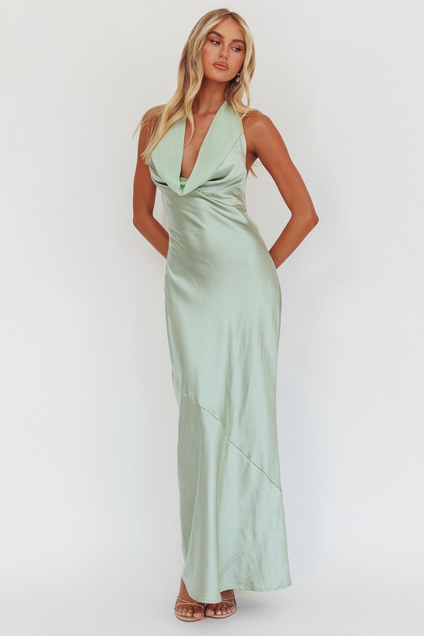Leading Lady Open Back Cowl Maxi Dress Sage-Maymioy