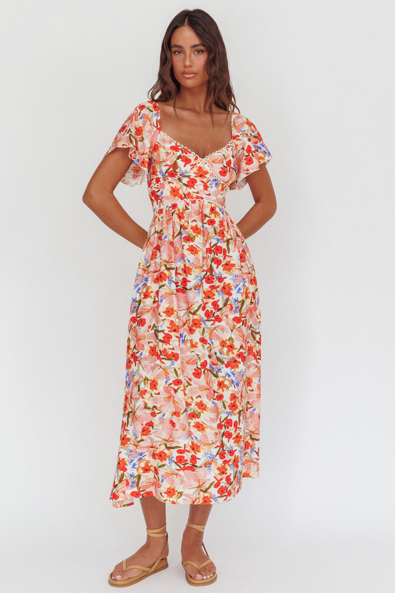 Carynna Flutter Sleeve Maxi Dress Floral Red-Maymioy