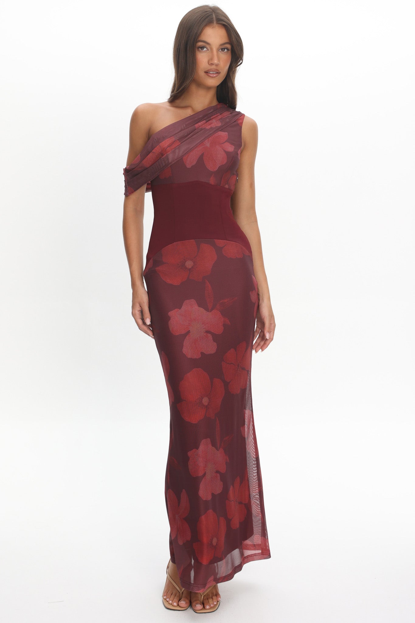 Milos Asymmetric Neckline Maxi Dress Floral Grape-Maymioy