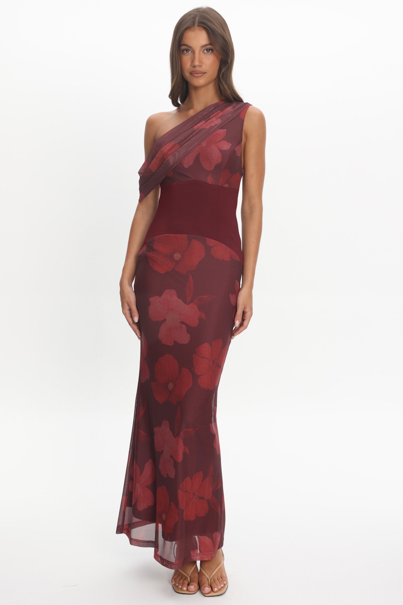 Milos Asymmetric Neckline Maxi Dress Floral Grape-Maymioy