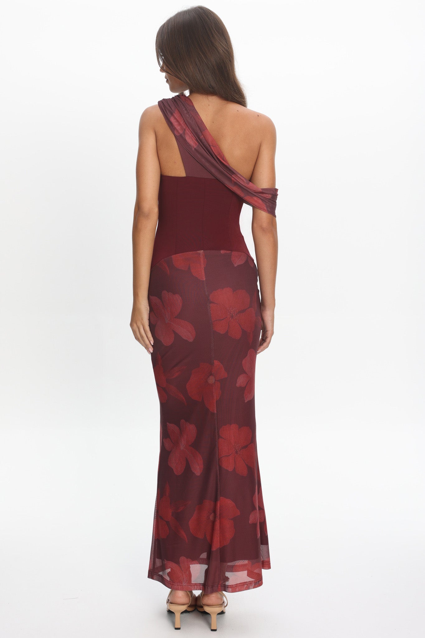 Milos Asymmetric Neckline Maxi Dress Floral Grape-Maymioy